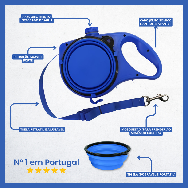 Trela retrátil para cães com taça dobrável